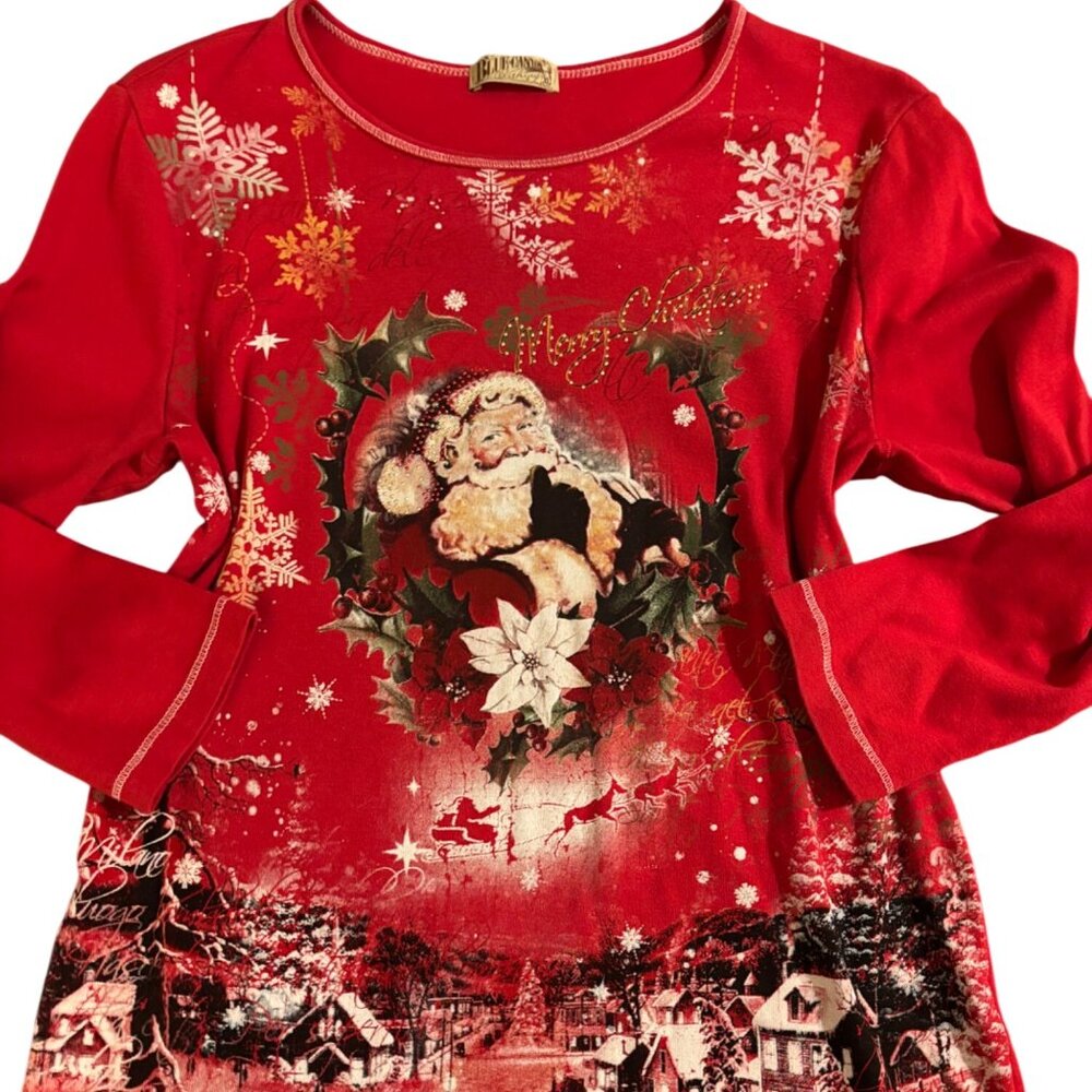 Blue Canyon Womens Red Christmas Long Sleeve Santa Graphic Shirt Size XL